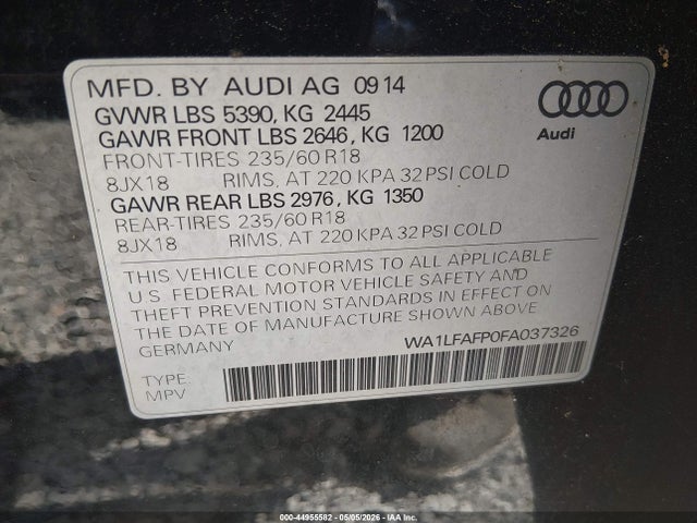 Aukcja sprzedaży 2015 Audi Q5 2.0t Premium, vin: WA1LFAFP0FA037326, numer aukcji: 44955582