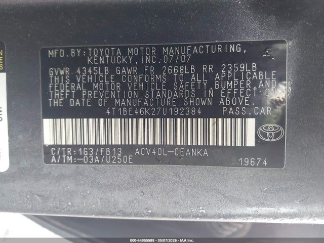Продажа на аукционе авто 2007 Toyota Camry Le, vin: 4T1BE46K27U192384, номер лота: 44955588