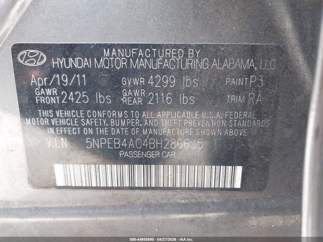 2011 Hyundai Sonata Gls მანქანა იყიდება აუქციონზე, vin: 5NPEB4AC4BH286635, აუქციონის ნომერი: 44955590
