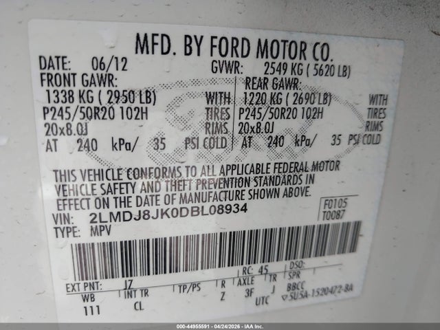 44955591 :رقم المزاد ، 2LMDJ8JK0DBL08934 vin ، 2013 Lincoln Mkx مزاد بيع