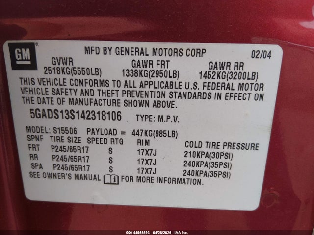 Aukcja sprzedaży 2004 Buick Rainier Cxl, vin: 5GADS13S142318106, numer aukcji: 44955593