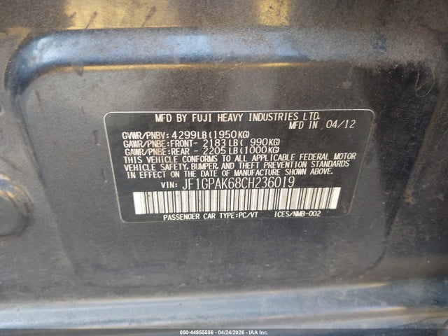 Продаж на аукціоні авто 2012 Subaru Impreza 2.0i Limited, vin: JF1GPAK68CH236019, номер лоту: 44955596