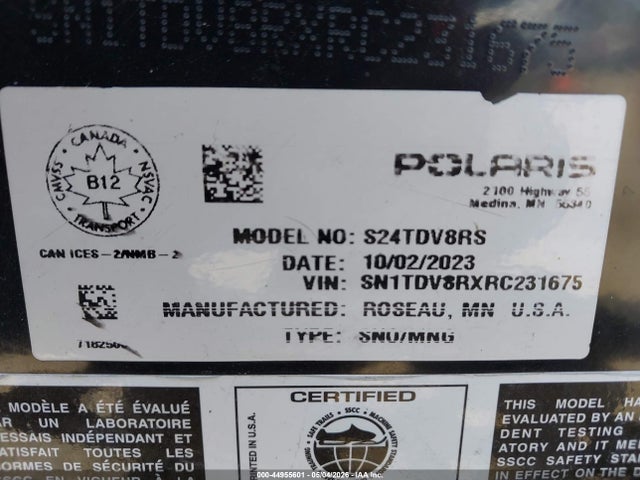 44955601 :رقم المزاد ، SN1TDV8RXRC231675 vin ، 2024 Polaris 850 Indy Xcr مزاد بيع