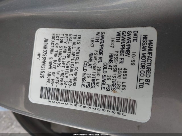 Aukcja sprzedaży 2000 Nissan Pathfinder Le/se/xe, vin: JN8AR07S6YW421526, numer aukcji: 44955606