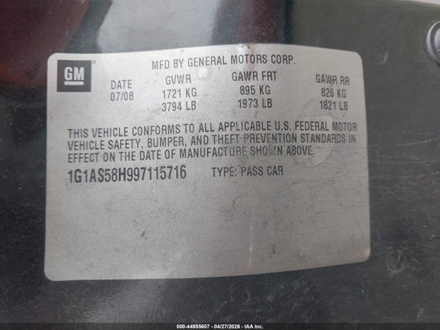 Aukcja sprzedaży 2009 Chevrolet Cobalt Ls, vin: 1G1AS58H997115716, numer aukcji: 44955607