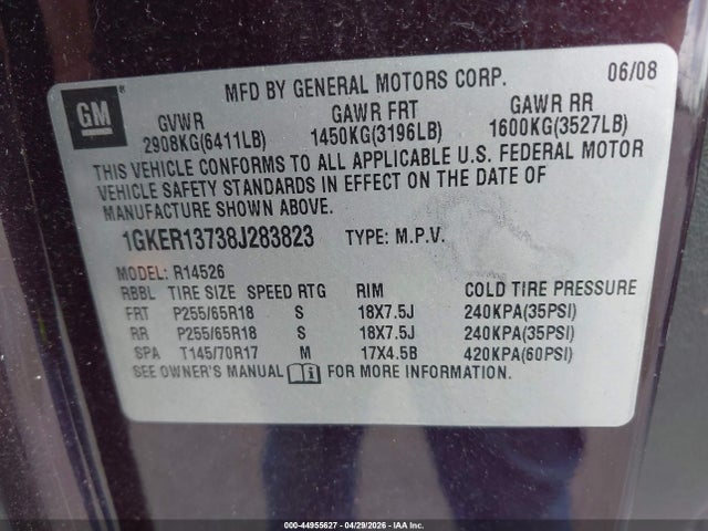 Продаж на аукціоні авто 2008 Gmc Acadia Sle-1, vin: 1GKER13738J283823, номер лоту: 44955627