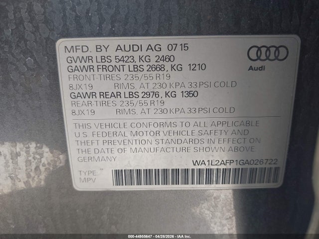 Aukcja sprzedaży 2016 Audi Q5 2.0t Premium, vin: WA1L2AFP1GA026722, numer aukcji: 44955647