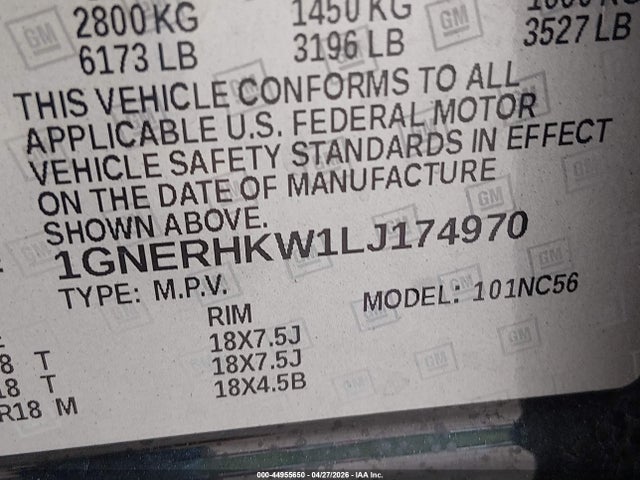 44955650 :رقم المزاد ، 1GNERHKW1LJ174970 vin ، 2020 Chevrolet Traverse Fwd Lt Leather مزاد بيع