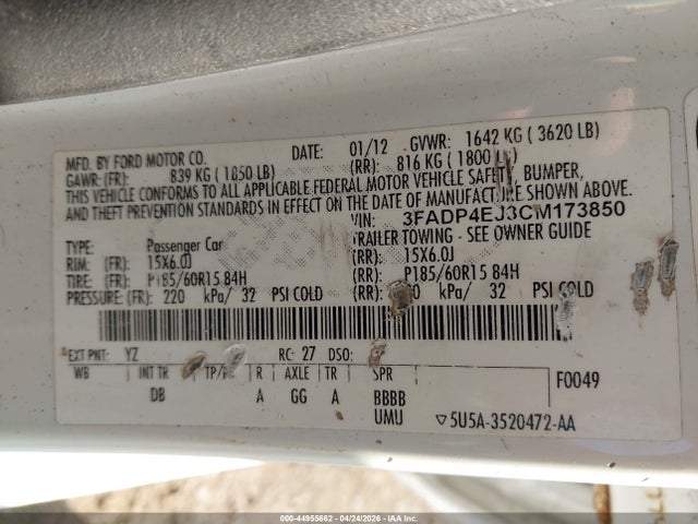 Продажа на аукционе авто 2012 Ford Fiesta Se, vin: 3FADP4EJ3CM173850, номер лота: 44955662