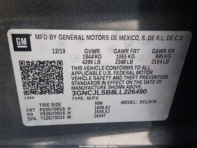 44955664 :رقم المزاد ، 3GNCJLSB8LL226490 vin ، 2020 Chevrolet Trax Fwd Lt مزاد بيع