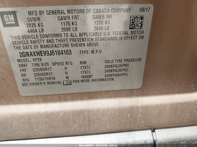 Продажа на аукционе авто 2018 Chevrolet Equinox Ls, vin: 2GNAXHEV9J6184163, номер лота: 44955674