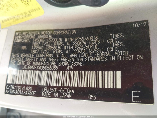 44955681 :رقم المزاد ، JTJBM7FX4D5056085 vin ، 2013 Lexus Gx 460 مزاد بيع