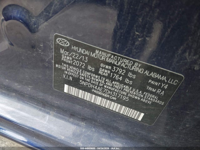 44955685 :رقم المزاد ، 5NPDH4AE7DH317195 vin ، 2013 Hyundai Elantra Gls مزاد بيع