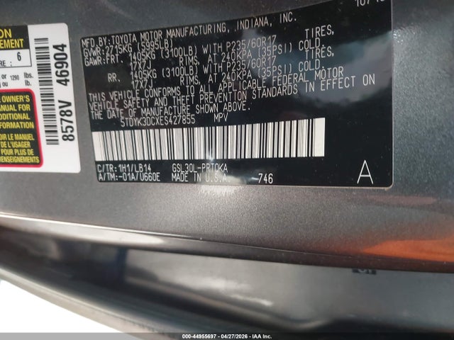 Продаж на аукціоні авто 2014 Toyota Sienna Xle V6 8 Passenger, vin: 5TDYK3DCXES427855, номер лоту: 44955697