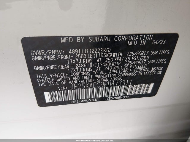 Продаж на аукціоні авто 2023 Subaru Forester Premium, vin: JF2SKADC9PH473311, номер лоту: 44955708