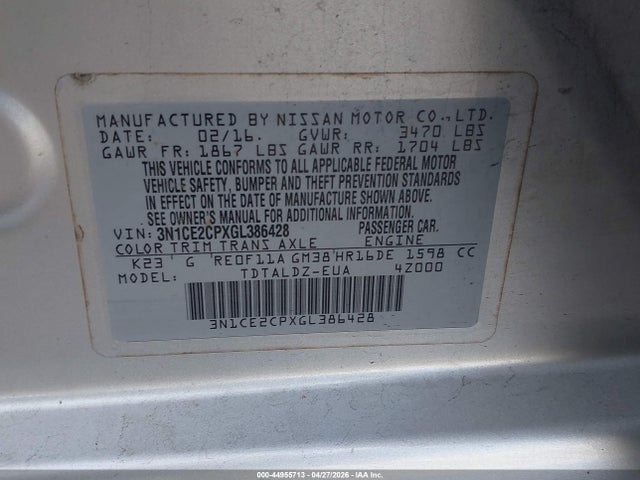 2016 Nissan Versa Note S (sr)/s Plus/sl/sr/sv მანქანა იყიდება აუქციონზე, vin: 3N1CE2CPXGL386428, აუქციონის ნომერი: 44955713