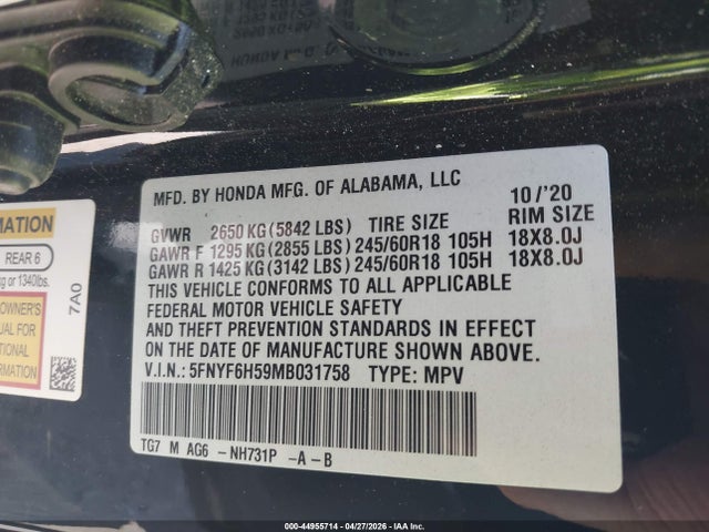 Honda Pilot Awd Ex-l 2021 5FNYF6H59MB031758 Image 9