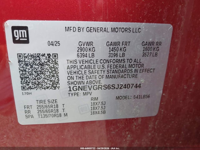 2025 Chevrolet Traverse Awd Lt მანქანა იყიდება აუქციონზე, vin: 1GNEVGRS6SJ240744, აუქციონის ნომერი: 44955722