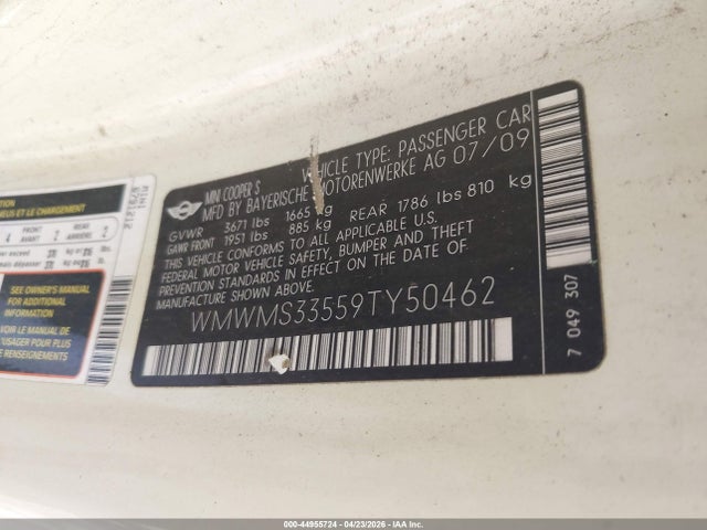 Продаж на аукціоні авто 2009 Mini Cooper S, vin: WMWMS33559TY50462, номер лоту: 44955724