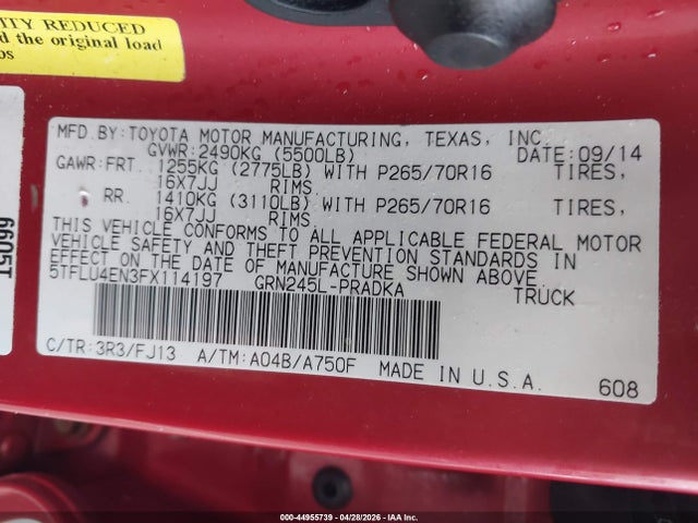 44955739 :رقم المزاد ، 5TFLU4EN3FX114197 vin ، 2015 Toyota Tacoma Base V6 مزاد بيع