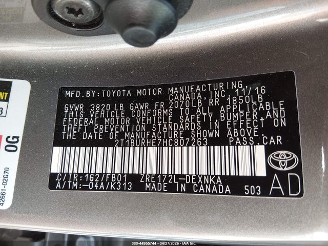 Aukcja sprzedaży 2017 Toyota Corolla Le, vin: 2T1BURHE7HC807263, numer aukcji: 44955744