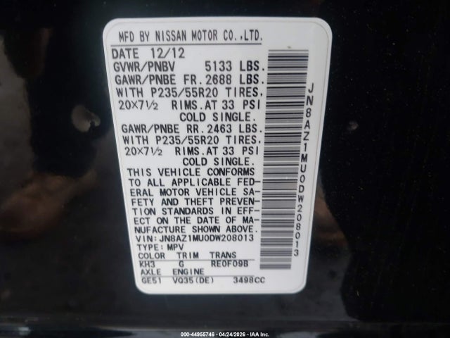 Aukcja sprzedaży 2013 Nissan Murano Le, vin: JN8AZ1MU0DW208013, numer aukcji: 44955746