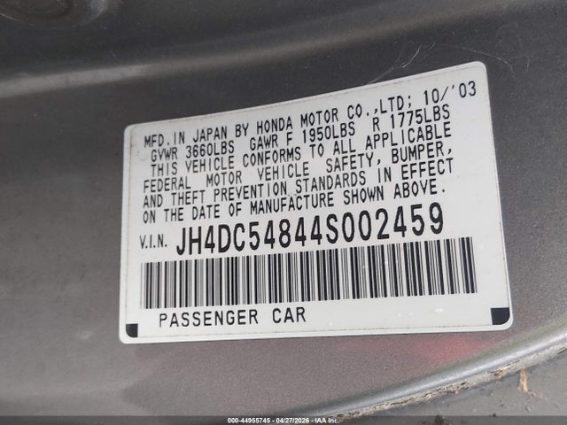 44955745 :رقم المزاد ، JH4DC54844S002459 vin ، 2004 Acura Rsx مزاد بيع