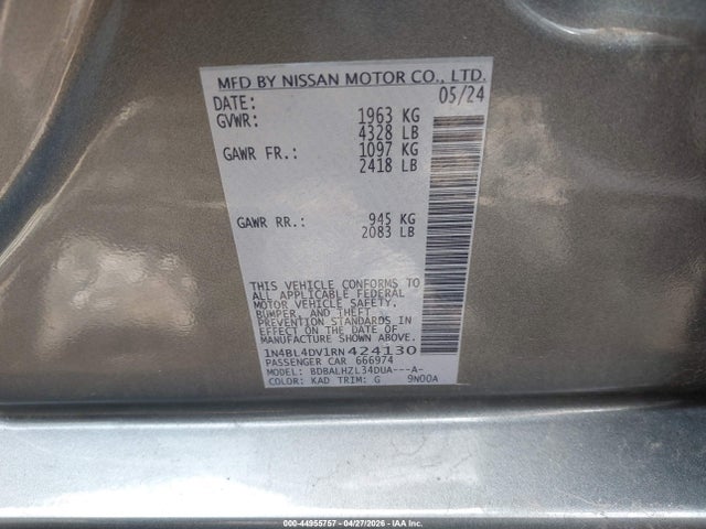 Продаж на аукціоні авто 2024 Nissan Altima Sv Fwd, vin: 1N4BL4DV1RN424130, номер лоту: 44955757