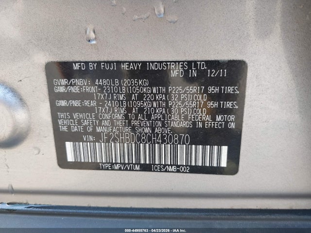 Aukcja sprzedaży 2012 Subaru Forester 2.5x Premium, vin: JF2SHBDC8CH430870, numer aukcji: 44955763