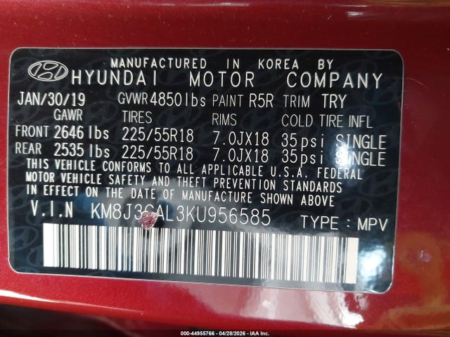 2019 Hyundai Tucson Limited მანქანა იყიდება აუქციონზე, vin: KM8J3CAL3KU956585, აუქციონის ნომერი: 44955766