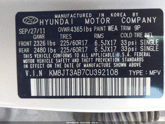 44955780 :رقم المزاد ، KM8JT3AB7CU392108 vin ، 2012 Hyundai Tucson Gl مزاد بيع