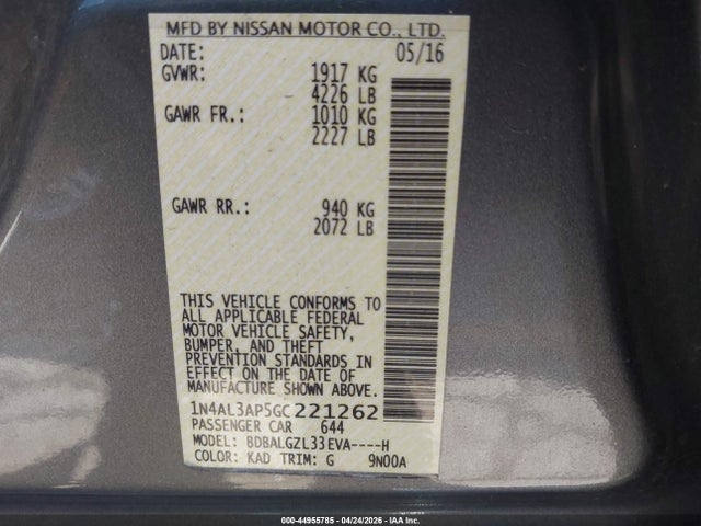 1N4AL3AP5GC221262 Nissan Altima 2.5 S