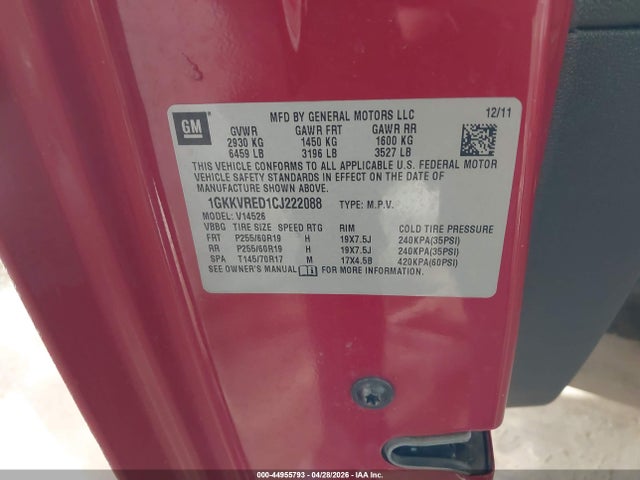 Aukcja sprzedaży 2012 Gmc Acadia Slt-1, vin: 1GKKVRED1CJ222088, numer aukcji: 44955793