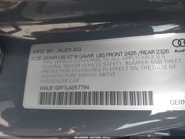 44955800 :رقم المزاد ، WAUE1GFF1LA057794 vin ، 2020 Audi S3 Premium Plus Tfsi Quattro S Tronic مزاد بيع