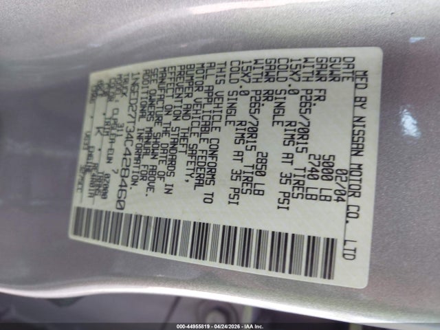 44955819 :رقم المزاد ، 1N6ED27T34C428460 vin ، 2004 Nissan Frontier Xe-v6 مزاد بيع