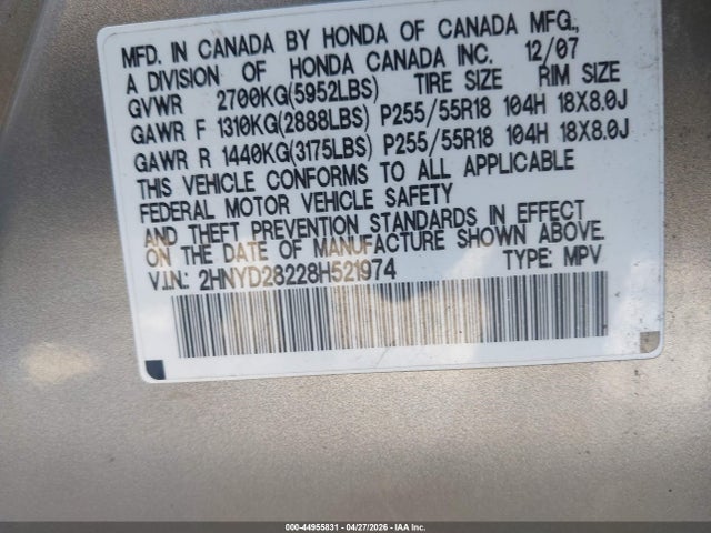 44955831 :رقم المزاد ، 2HNYD28228H521974 vin ، 2008 Acura Mdx مزاد بيع