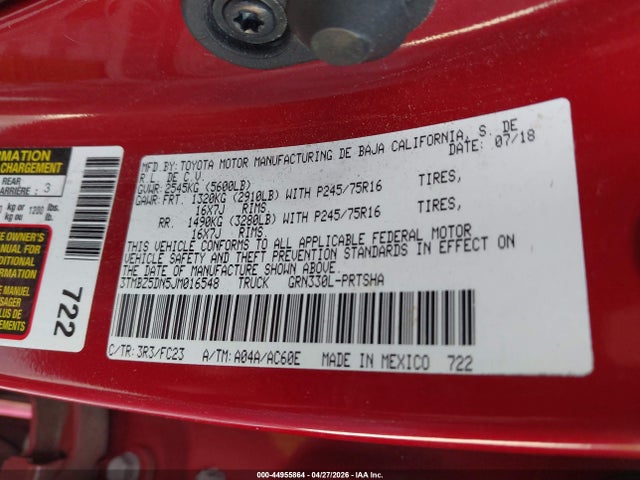 2018 Toyota Tacoma Sr5 მანქანა იყიდება აუქციონზე, vin: 3TMBZ5DN5JM016548, აუქციონის ნომერი: 44955864
