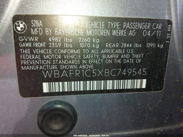 Продаж на аукціоні авто 2011 Bmw 528i, vin: WBAFR1C5XBC749545, номер лоту: 44955900