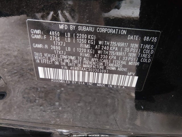 44955915 :رقم المزاد ، 4S4BTAAC3S3303091 vin ، 2025 Subaru Outback مزاد بيع