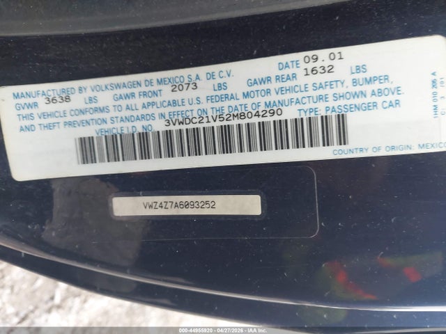 Продаж на аукціоні авто 2002 Volkswagen Cabrio Glx, vin: 3VWDC21V52M804290, номер лоту: 44955920