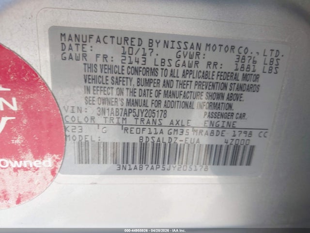 3N1AB7AP5JY205178 Nissan SENTRA SV