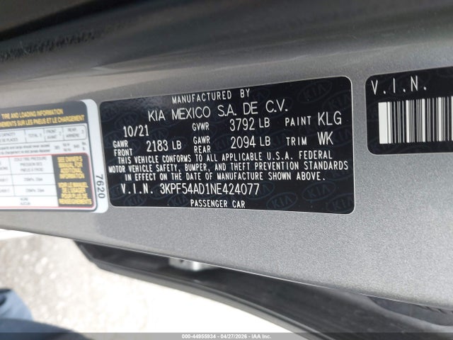 Продажа на аукционе авто 2022 Kia Forte Gt-line, vin: 3KPF54AD1NE424077, номер лота: 44955934