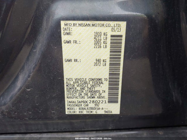 2013 Nissan Altima 2.5 S მანქანა იყიდება აუქციონზე, vin: 1N4AL3AP6DC280221, აუქციონის ნომერი: 44955942