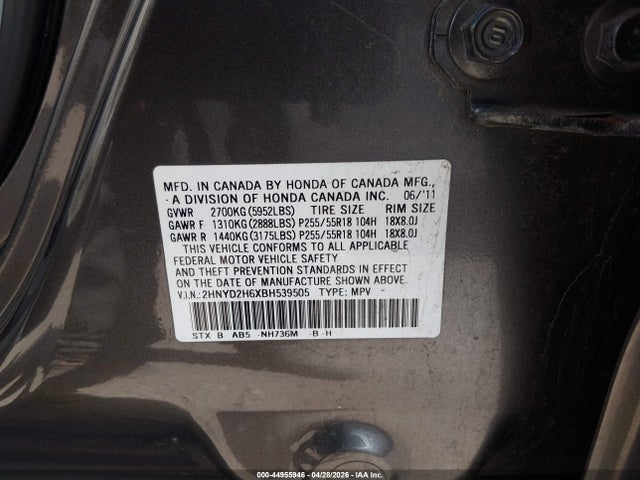 44955946 :رقم المزاد ، 2HNYD2H6XBH539505 vin ، 2011 Acura Mdx Technology Package مزاد بيع