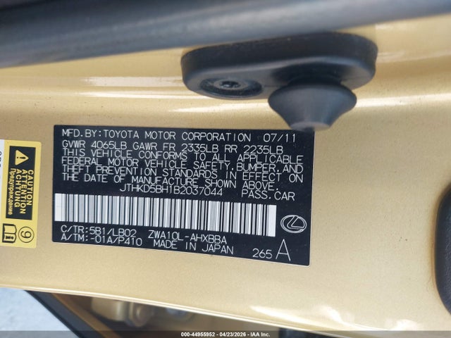 Auction sale of the 2011 Lexus Ct 200h Premium, vin: JTHKD5BH1B2037044, lot number: 44955952