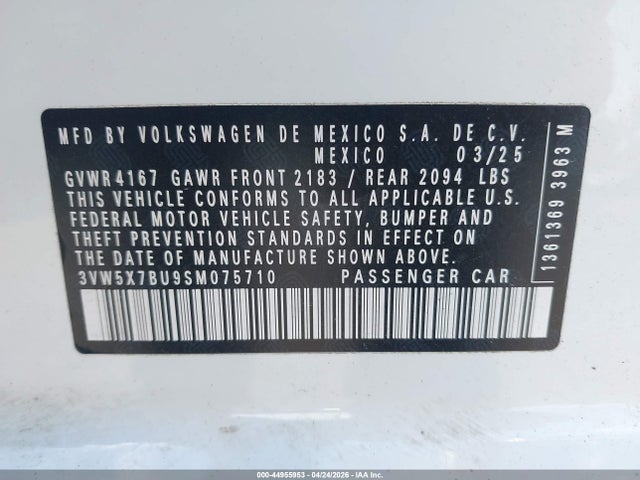 44955953 :رقم المزاد ، 3VW5X7BU9SM075710 vin ، 2025 Volkswagen Jetta 1.5t S مزاد بيع