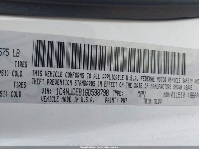 Продаж на аукціоні авто 2016 Jeep Compass High Altitude Edition, vin: 1C4NJDEB1GD598798, номер лоту: 44955954