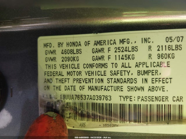 44955959 :رقم المزاد ، 19UUA76537A039763 vin ، 2007 Acura Tl Type S مزاد بيع