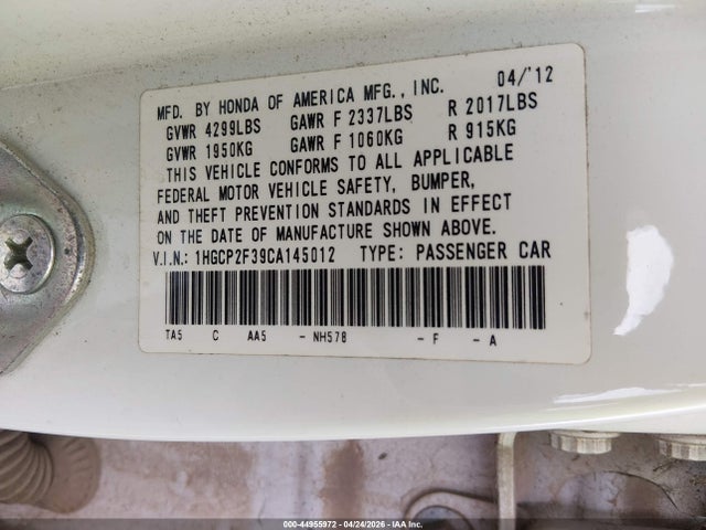 2012 Honda Accord 2.4 Lx მანქანა იყიდება აუქციონზე, vin: 1HGCP2F39CA145012, აუქციონის ნომერი: 44955972