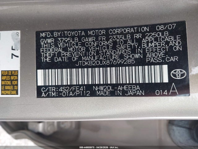 2008 Toyota Prius მანქანა იყიდება აუქციონზე, vin: JTDKB20UX87699285, აუქციონის ნომერი: 44955975